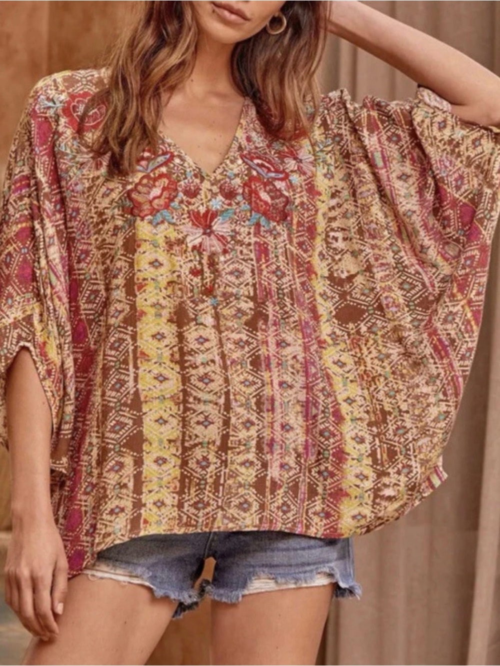 Savanna Jane Multicolor Boho Embroidered V-Neck Poncho Sleeve Blouse